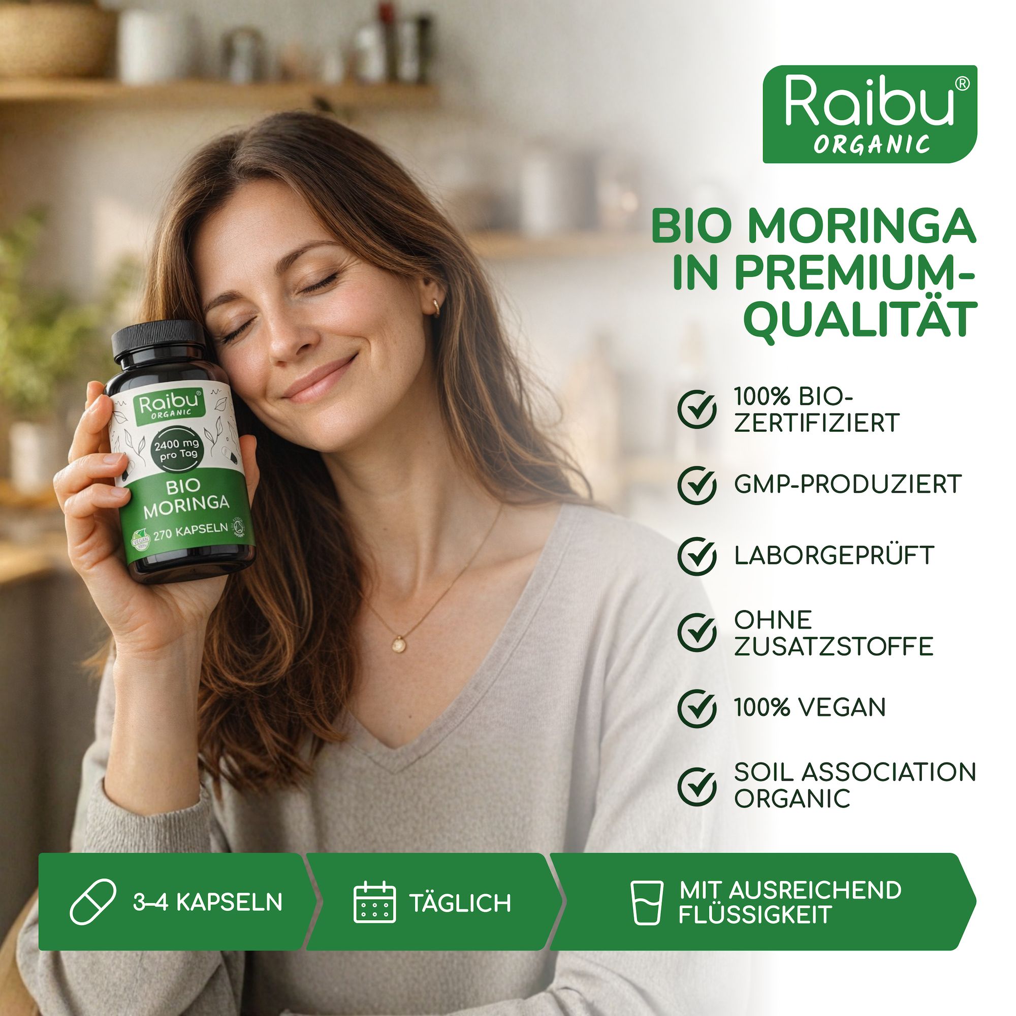 RAIBU - Bio Moringa Kapseln hochdosiert 2400 mg - vegane, laborgeprüft, glutenfrei & laktosefrei