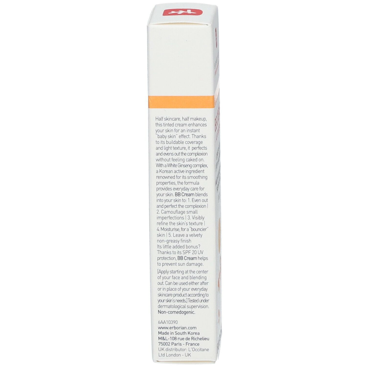 Côté de l'emballage du produit. Texte multilingue. Marque: Erborian.