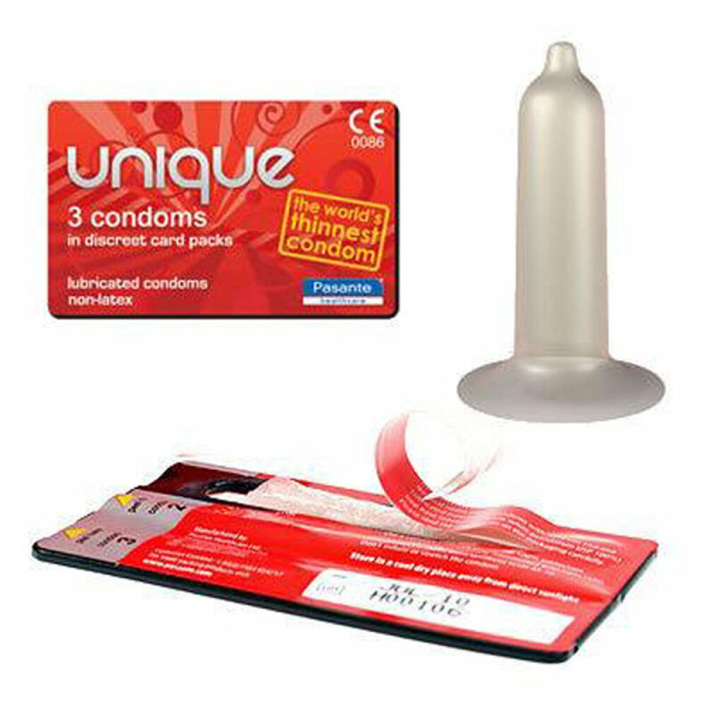 Pasante Unique Kondome: 3 Stück in Kartenform, latexfrei, gleitmittelbeschichtet.