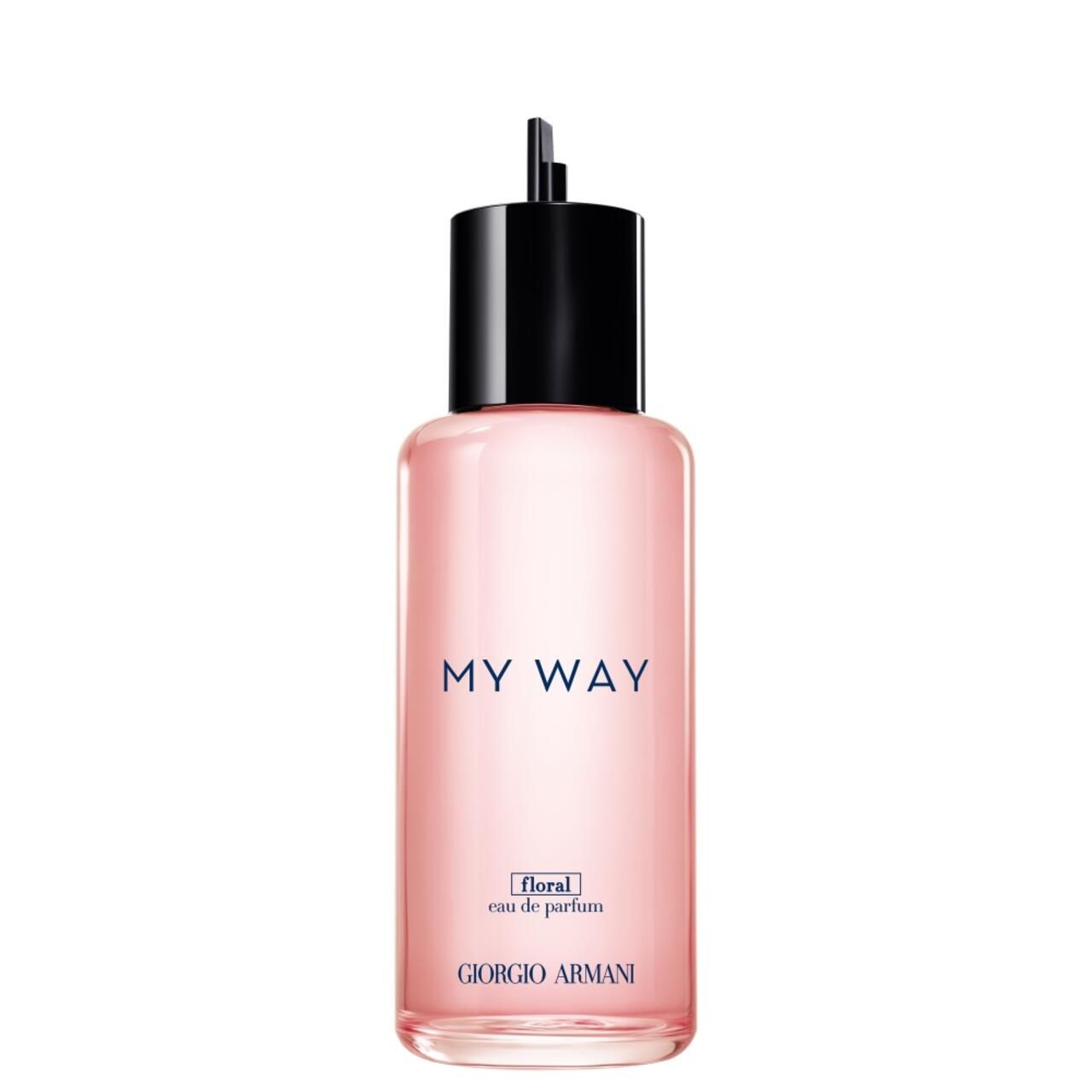 Rosa Flakon mit schwarzem Verschluss. Aufschrift "MY WAY floral eau de parfum" und "GIORGIO ARMANI".