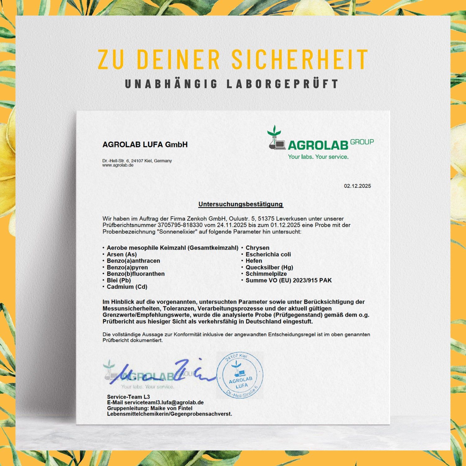 Zertifikat von Agrolab LUFA GmbH. Unabhängige Laborprüfung. Parameter: Aerobe mesophile Keimzahl, etc.