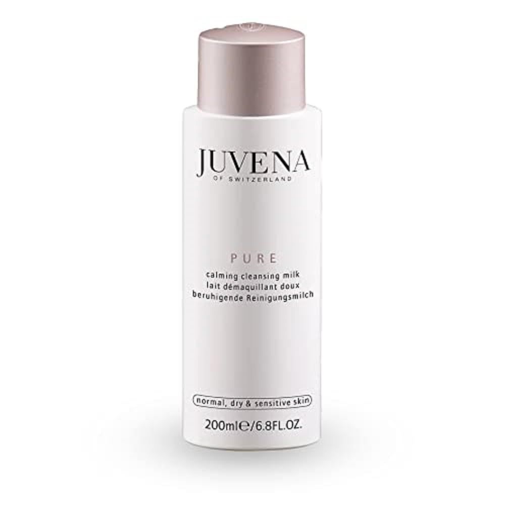 Weißes Fläschchen mit rosafarbenem Deckel. Aufschrift: Juvena. Text: Pure Calming Cleansing Milk. 200ml.