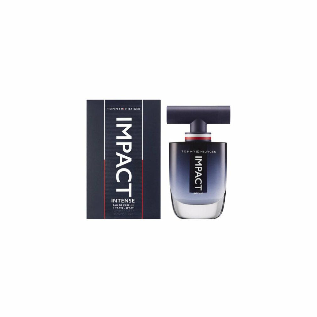 Flakon und Verpackung von Tommy Hilfiger Impact Intense. Schwarze Verpackung mit weißem Schriftzug IMPACT. Flakon mit blauem Farbverlauf.