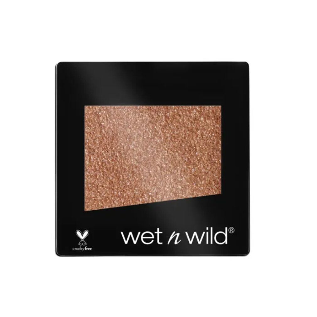 Glitzer-Lidschatten in quadratischer schwarzer Verpackung. Marke: wet n wild. Cruelty-free-Logo.