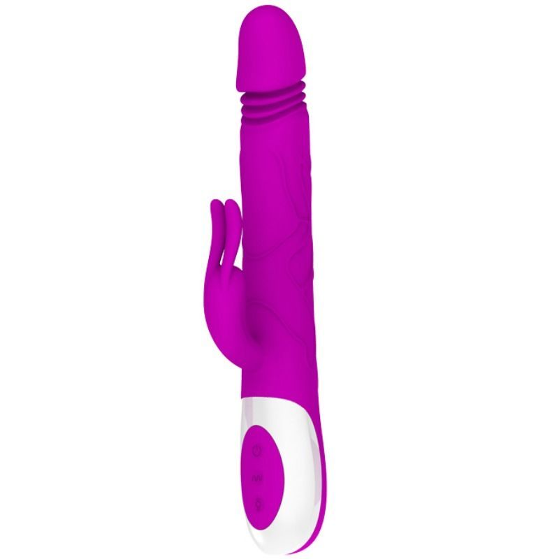 Lila Vibrator mit Drehfunktion. Mit Kaninchenohren-Design und Bedienfeld. Weißer Sockel mit drei Knöpfen.