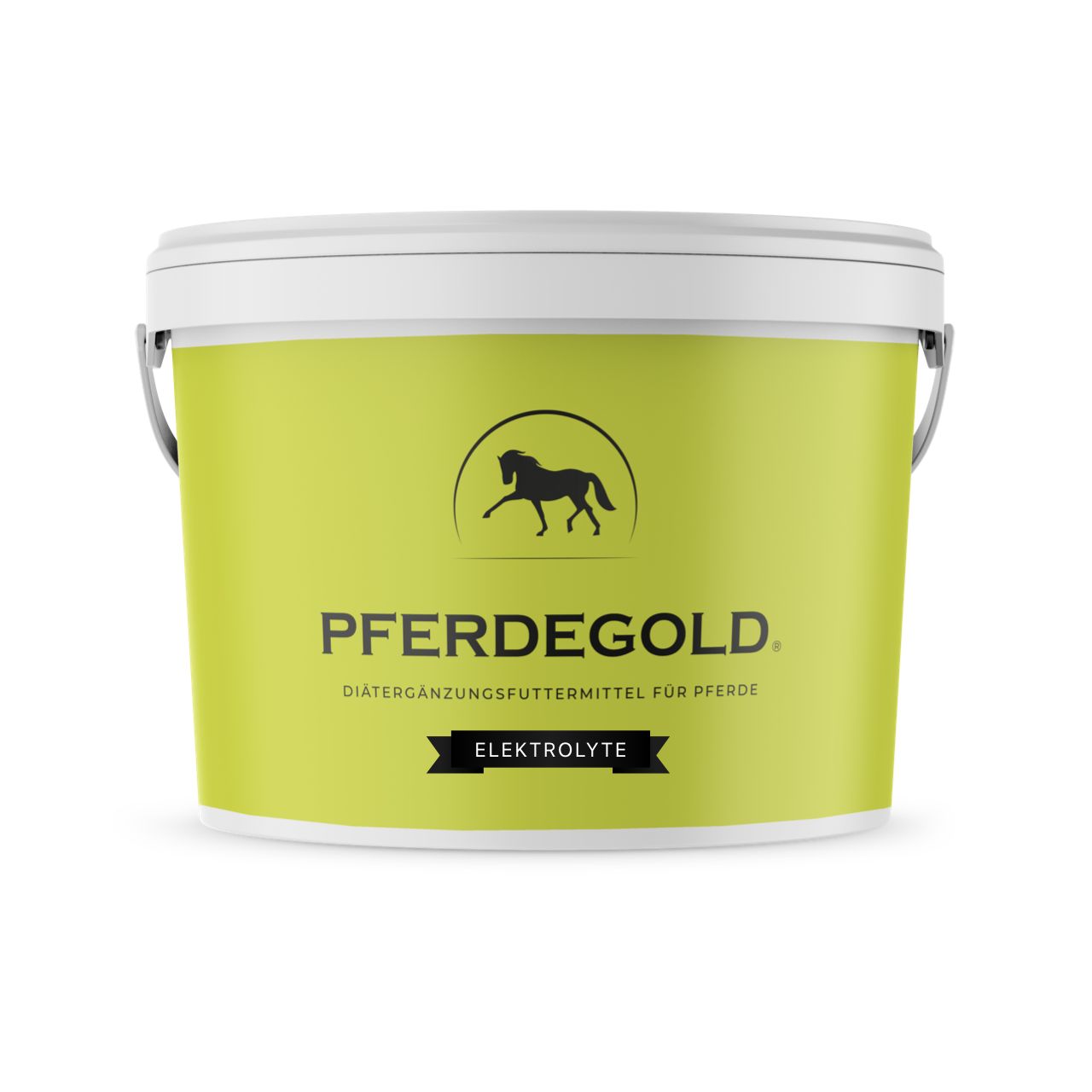 Gelber Eimer Pferdegold Elektrolyte mit schwarzem Logo und Schriftzug. Weißer Deckel und Griff.