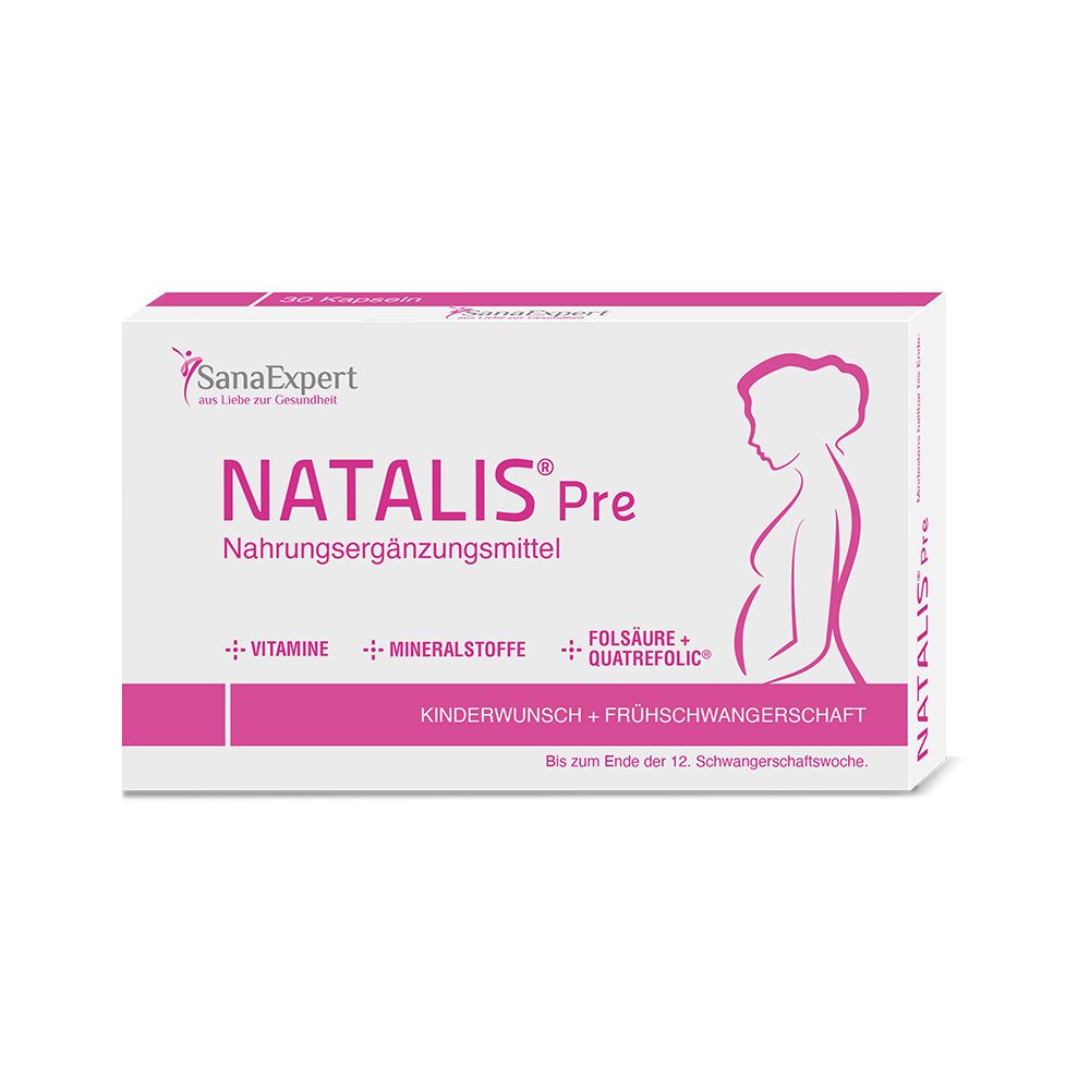 Packung SanaExpert Natalis Pre. Produktname, Inhaltsstoffe und eine Silhouette einer schwangeren Frau sind abgebildet. Für Kinderwunsch und Frühschwangerschaft.
