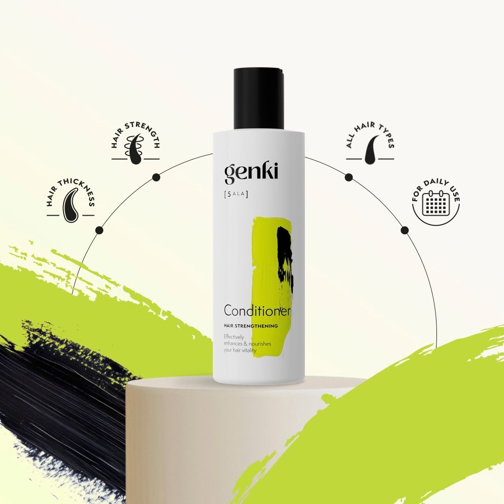 Conditioner-Flasche mit schwarzem Deckel. Genki-Logo und gelber Akzent. Grafiken für Haarkraft, -dicke und tägliche Anwendung.