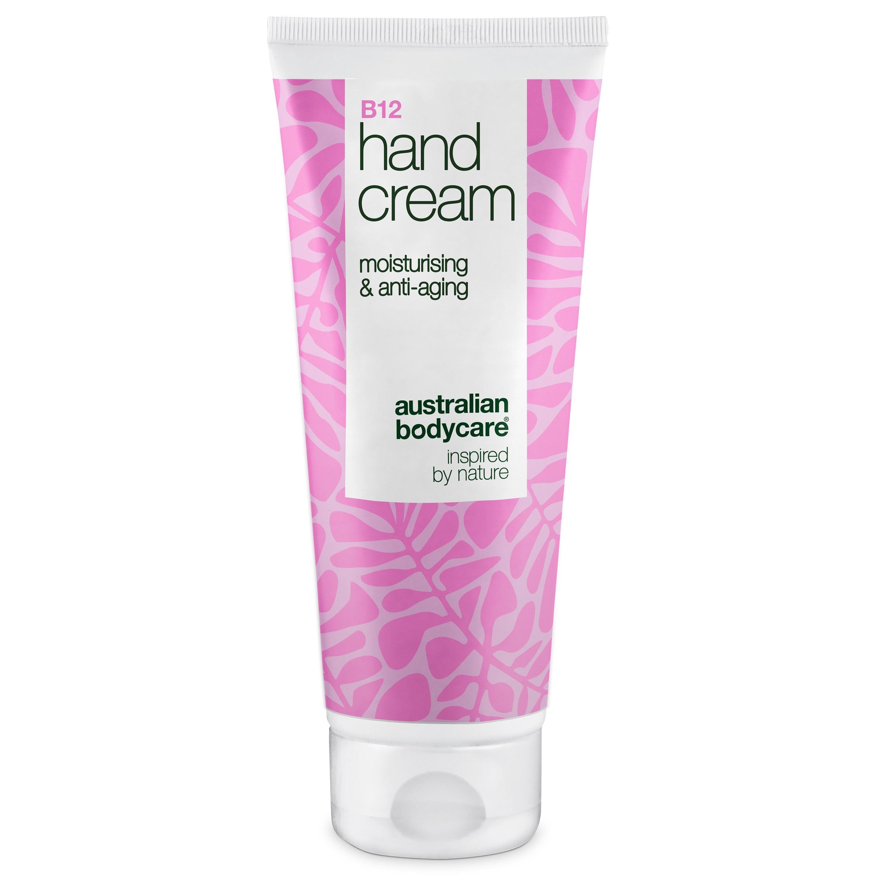 Tube Handcreme, weißer Deckel, rosa Muster. Aufschrift: B12 Hand Cream, moisturising & anti-aging, Australian Bodycare.