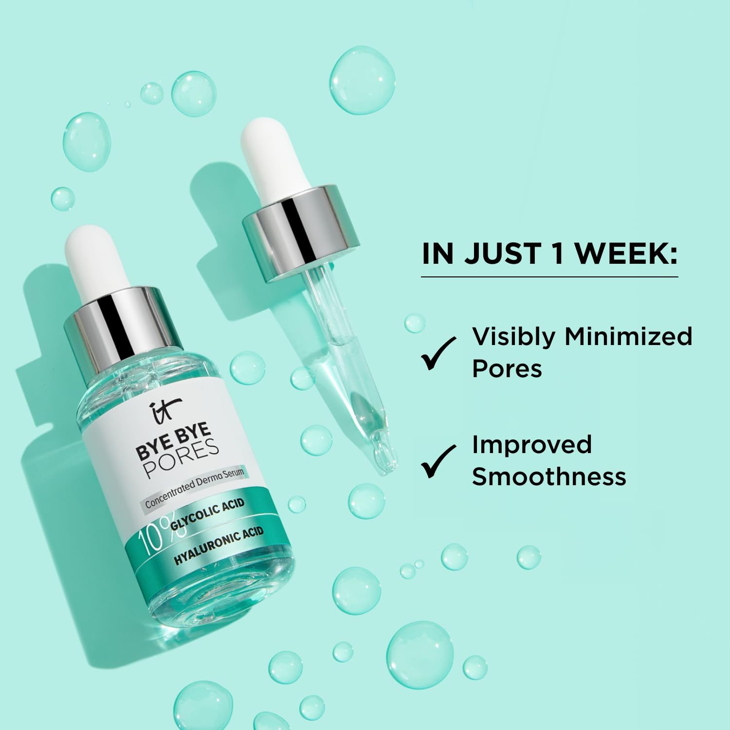 Zwei Flaschen Serum mit Pipetten. Text: Bye Bye Pores, 10% Glykolsäure, Hyaluronsäure. Aufschrift: In 1 Woche: Poren sichtbar minimiert, verbesserte Glätte.