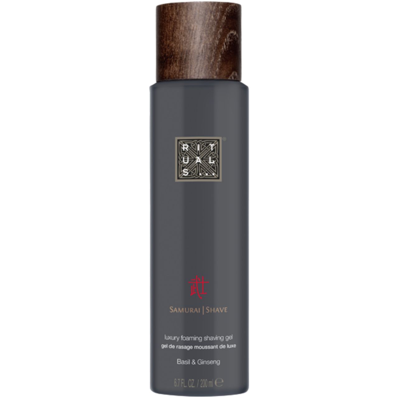 Graue Flasche mit Holzdeckel. Aufschrift: Rituals, Samurai Shave. Enthält Rasiergel. Text: Basil & Ginseng.