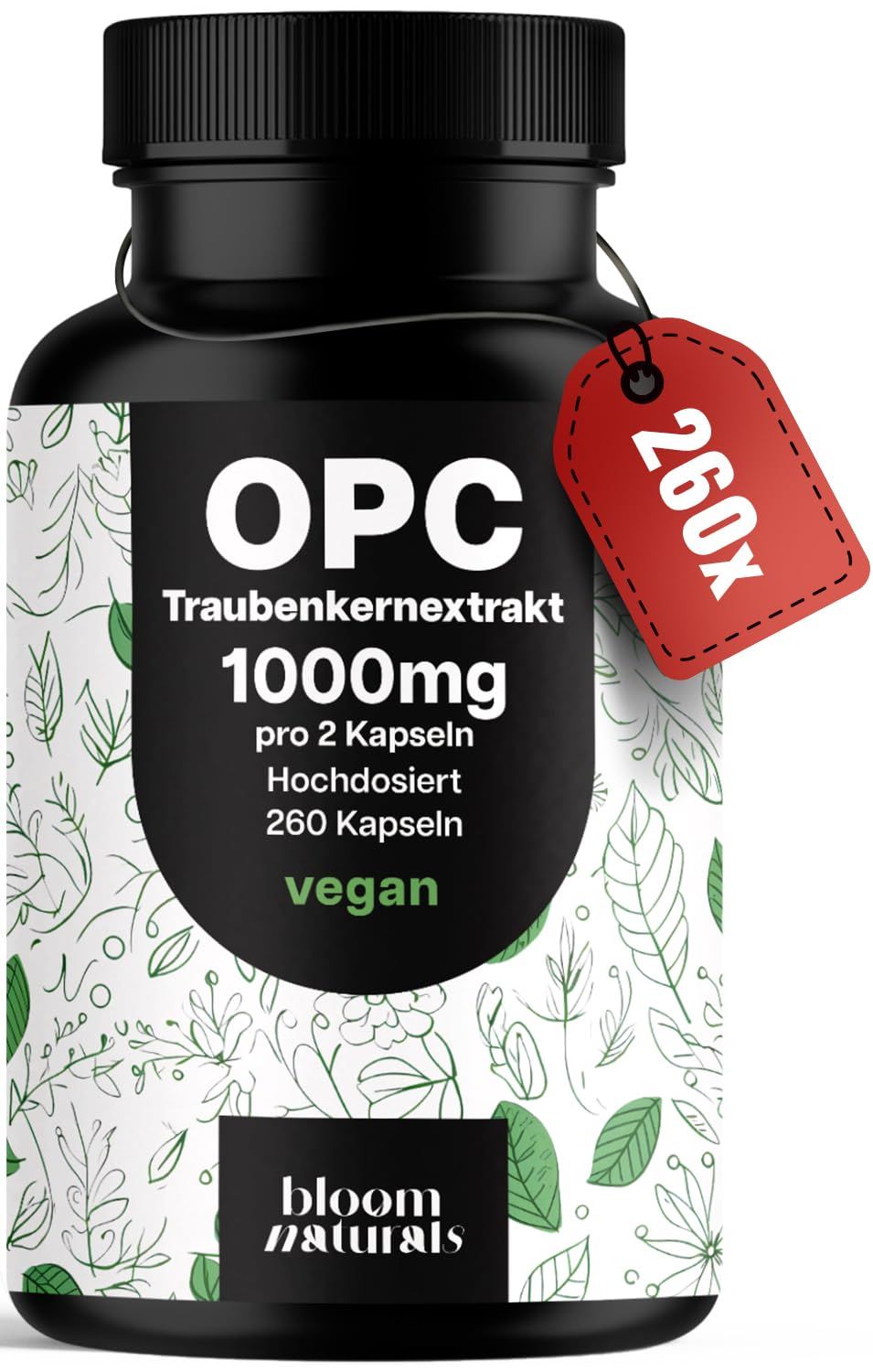 Schwarze Flasche mit OPC Traubenkernextrakt Kapseln. Rotes Etikett mit "260x". "Bloom Naturals" Logo.