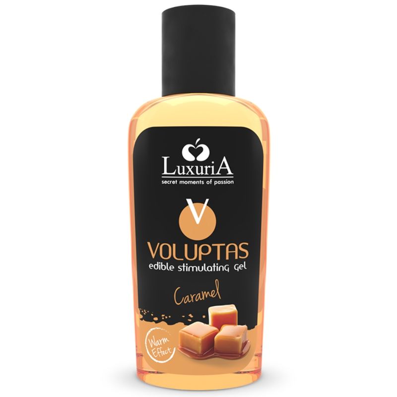 Flasche mit Flüssigkeit. Schwarzer Deckel, Etikett mit Schriftzug "Luxuria Voluptas Caramel". Abbildung von Karamellbonbons.