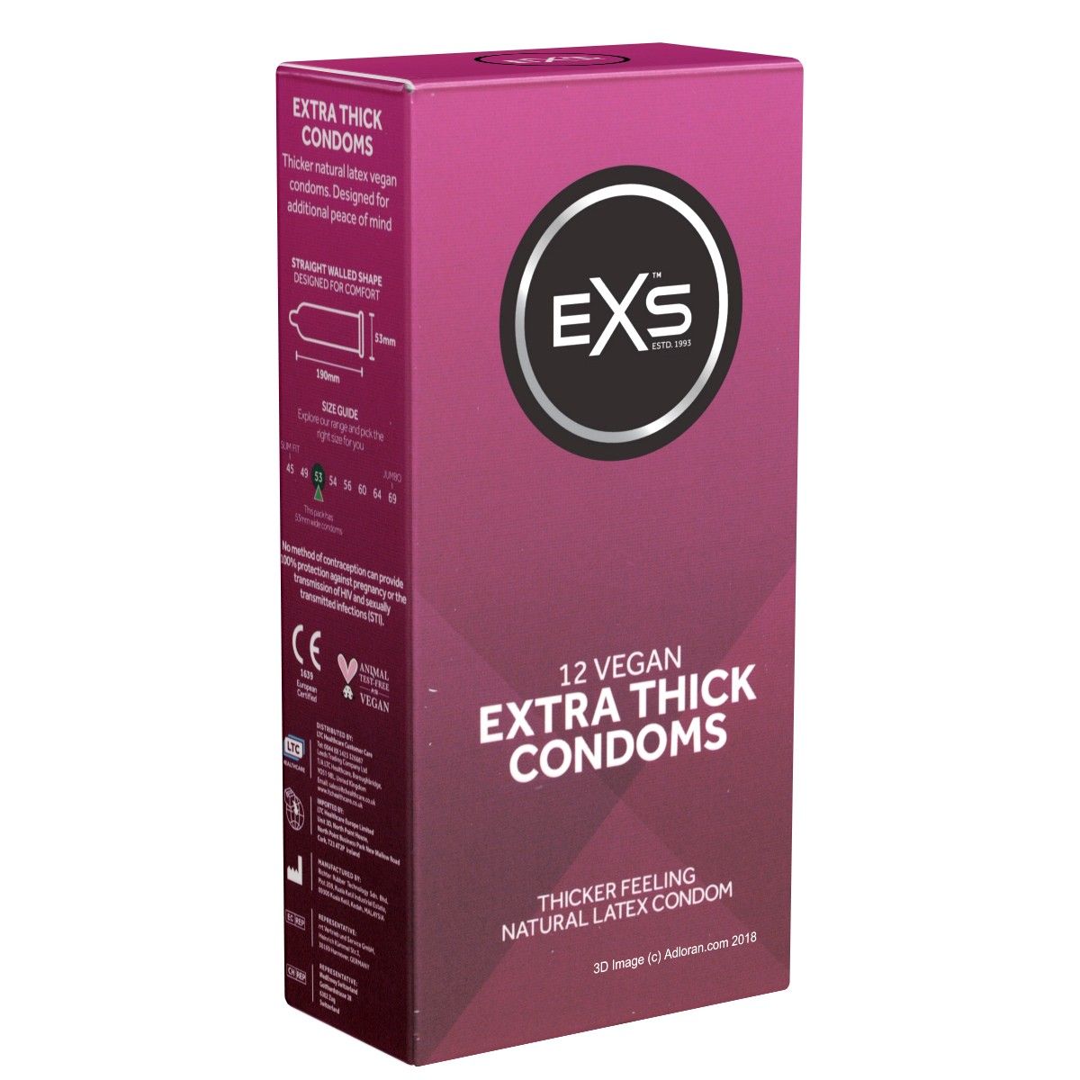 Verpackung von EXS Extra Thick Kondomen. 12 vegane Kondome. Logo und Produktinformationen auf der Verpackung.