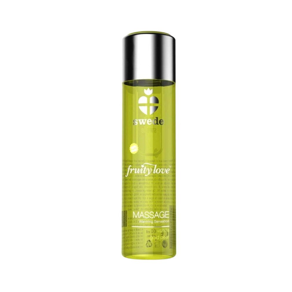 Grüne Flasche mit silbernem Deckel. Aufschrift: Swede, fruity love, Massage.