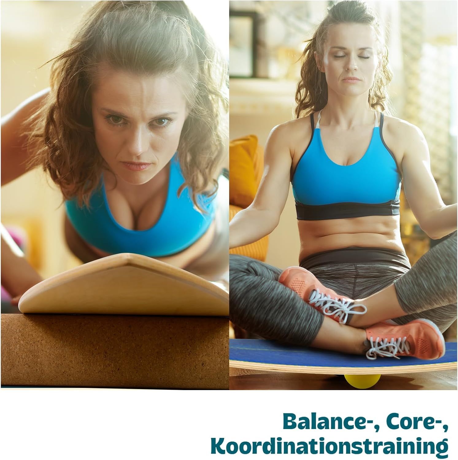 Zwei Frauen trainieren mit Balanceboard. Text: Balance-, Core-, Koordinationstraining. DH FitLife Logo auf der Rolle. Eine Frau in Yoga-Pose, eine beim Training.
