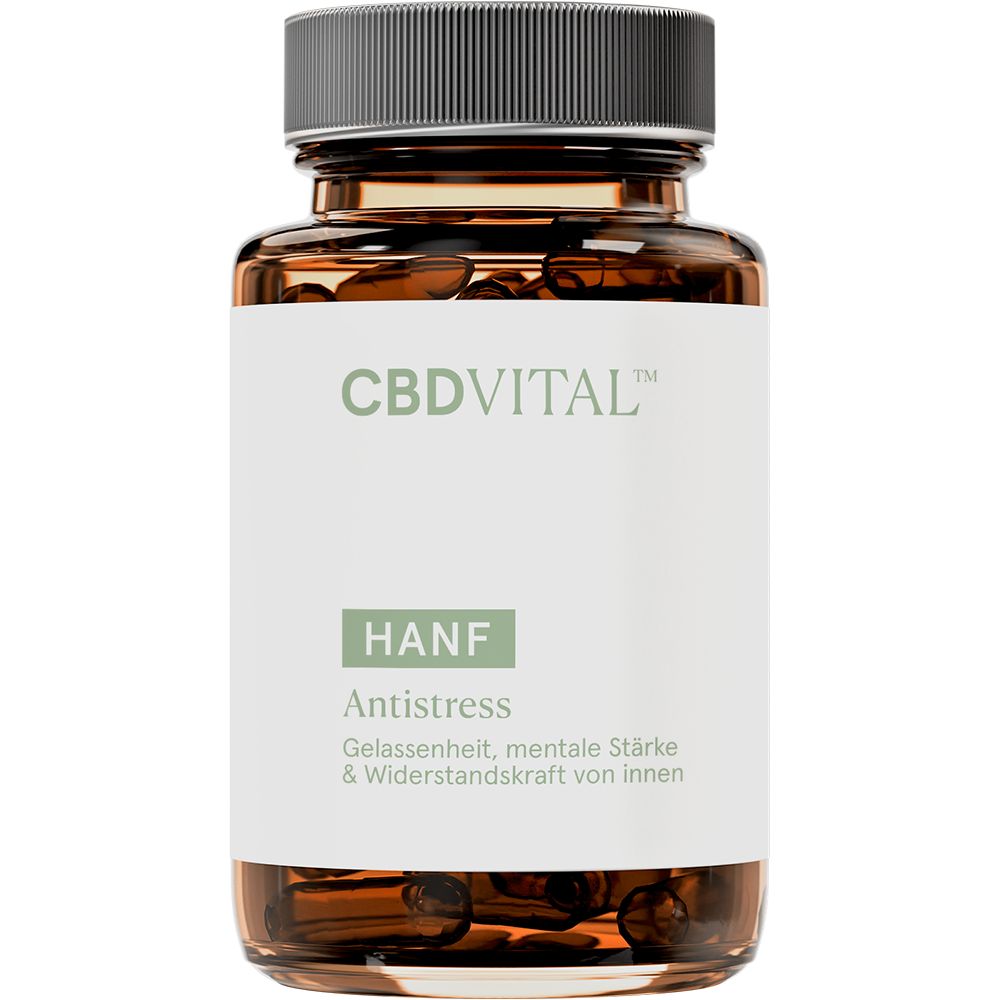 Braune Glasflasche mit Kapseln. Etikett mit 'CBDVITAL' und 'HANF Antistress'.
