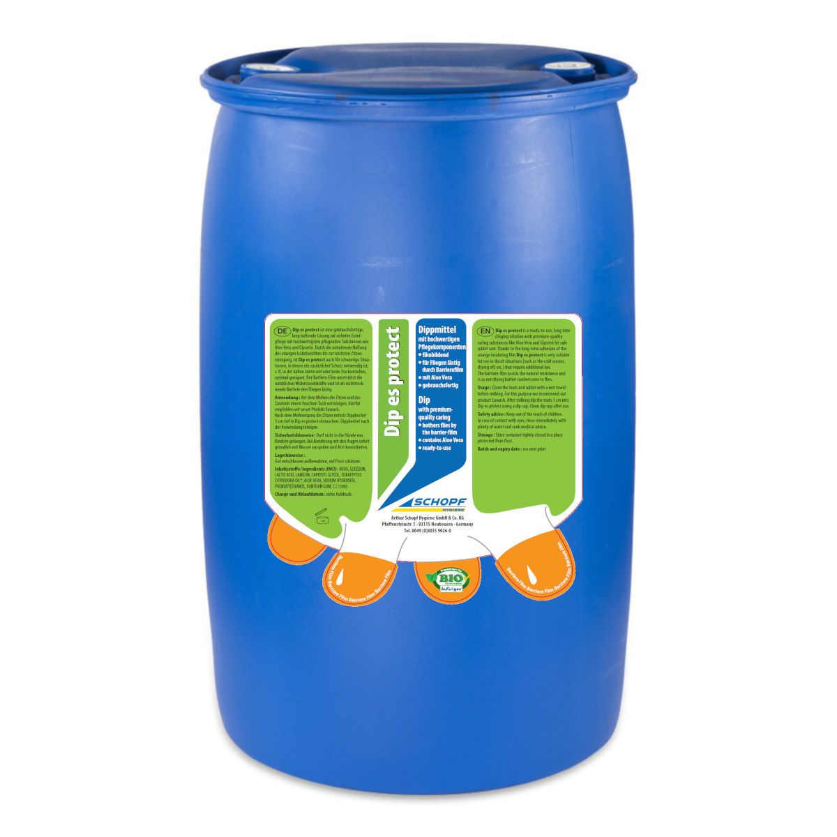 Blauer Kunststofffass mit Etikett. Produktname: Schopf Dip es protect. Grün-weißes Etikett mit Produktinformationen und Logo.