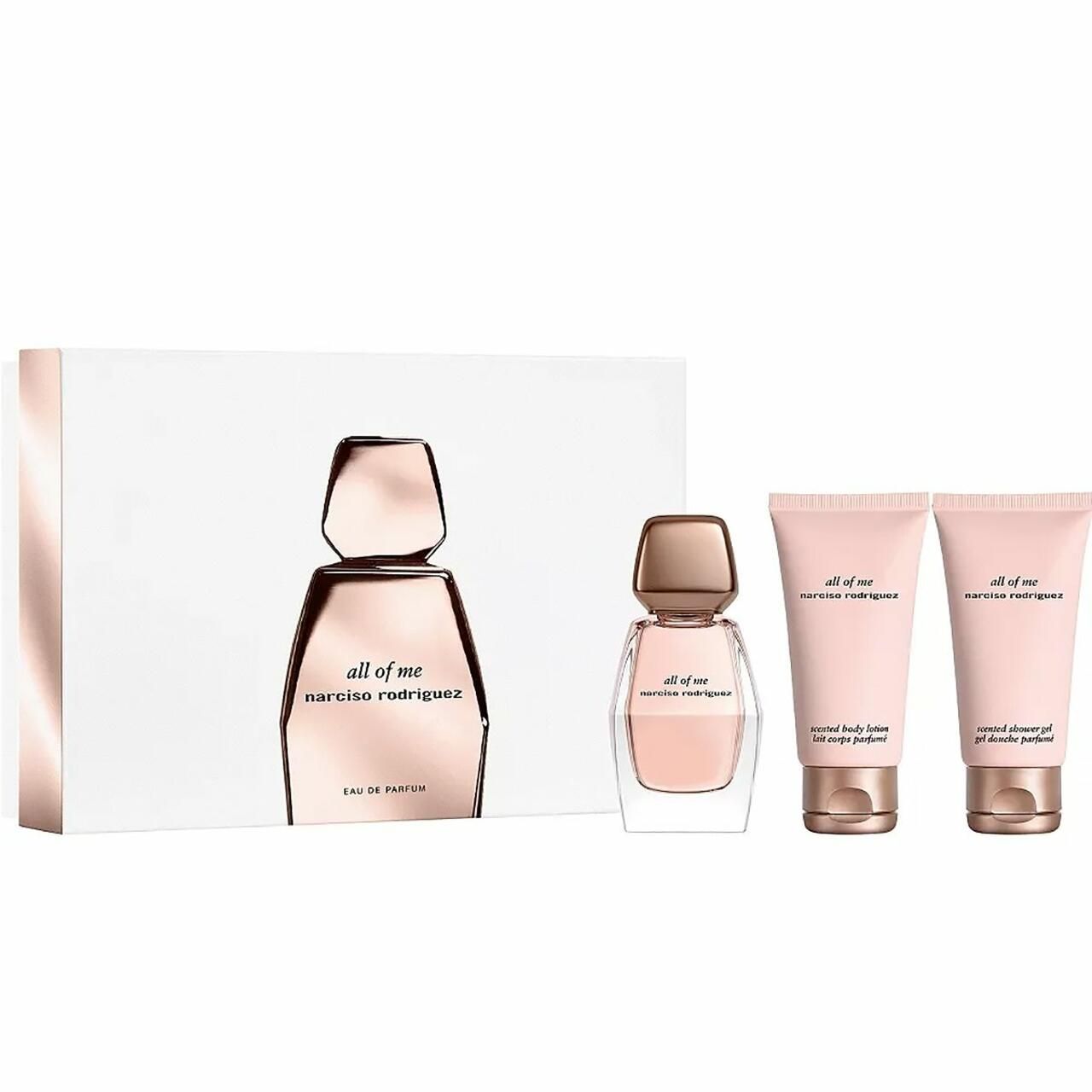 Geschenkset mit Parfümflakon, Miniatur und zwei Tuben. Rosa Farbton. "All of Me"-Schriftzug.