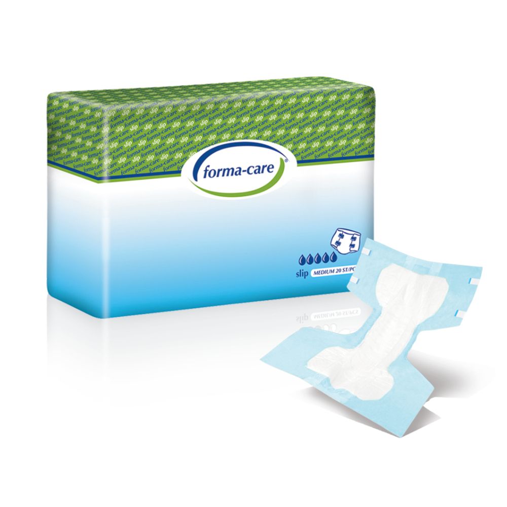 Verpackung und offene Inkontinenzvorlage. Verpackung mit Logo "forma-care". Vorlage mit weißem Kern und blauer Außenseite.