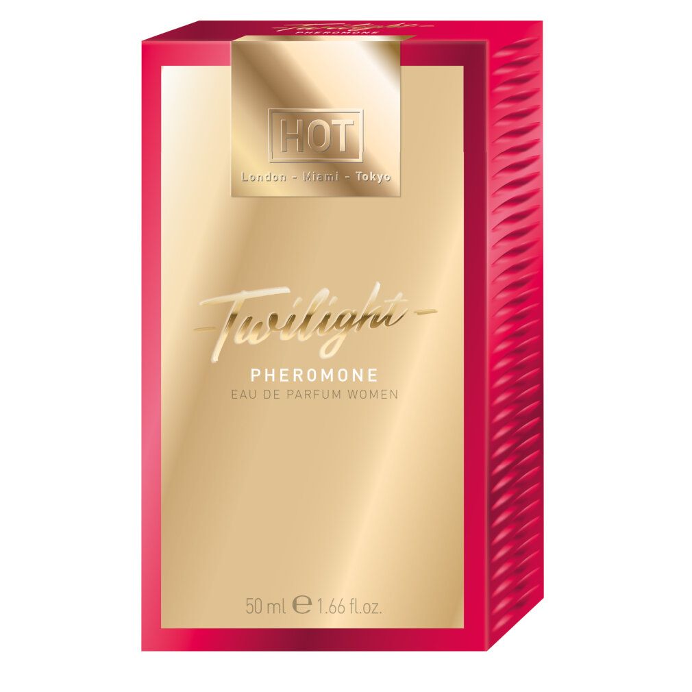 Verpackung von Twilight Pheromone Parfum. Rote Schachtel mit goldenem Aufdruck, Logo und Produktnamen.