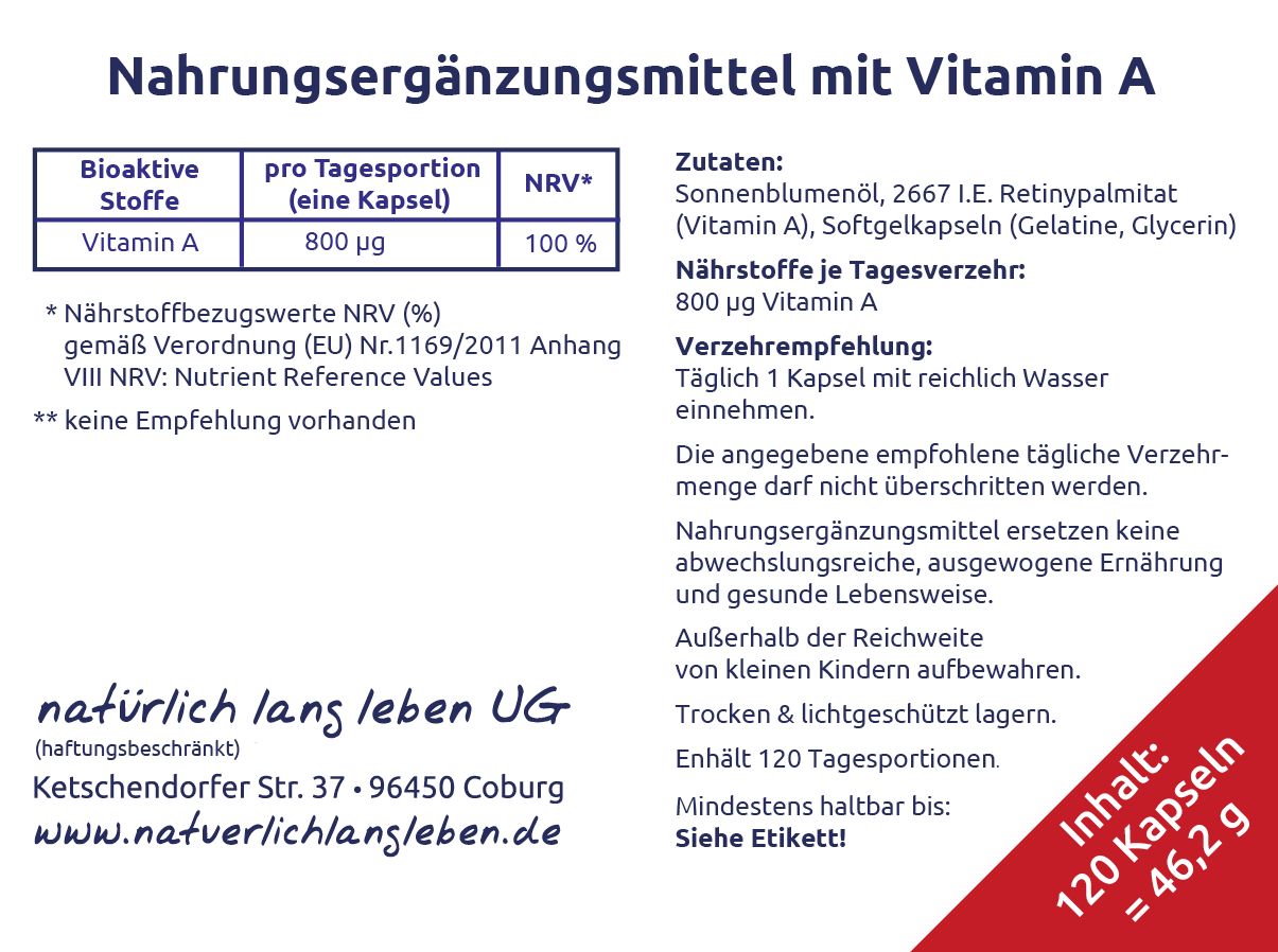 Etikett mit Informationen zu Vitamin A Kapseln. Enthält Nährwertangaben, Inhaltsstoffe und Verzehrempfehlung. Text in deutscher Sprache.