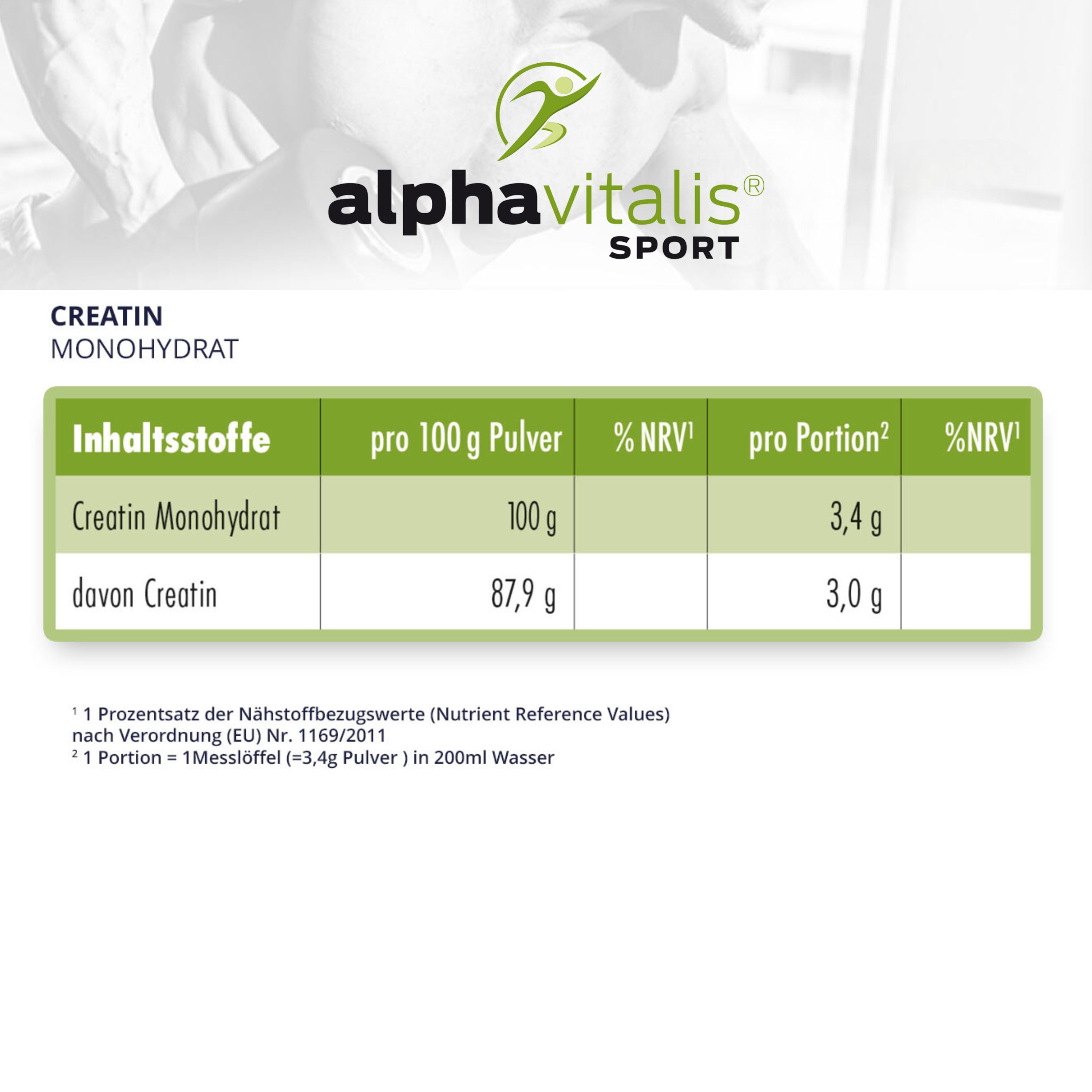 Nährwerttabelle für Creatin Monohydrat. Angaben pro 100g und pro Portion. Enthält Creatin Monohydrat und Creatin.