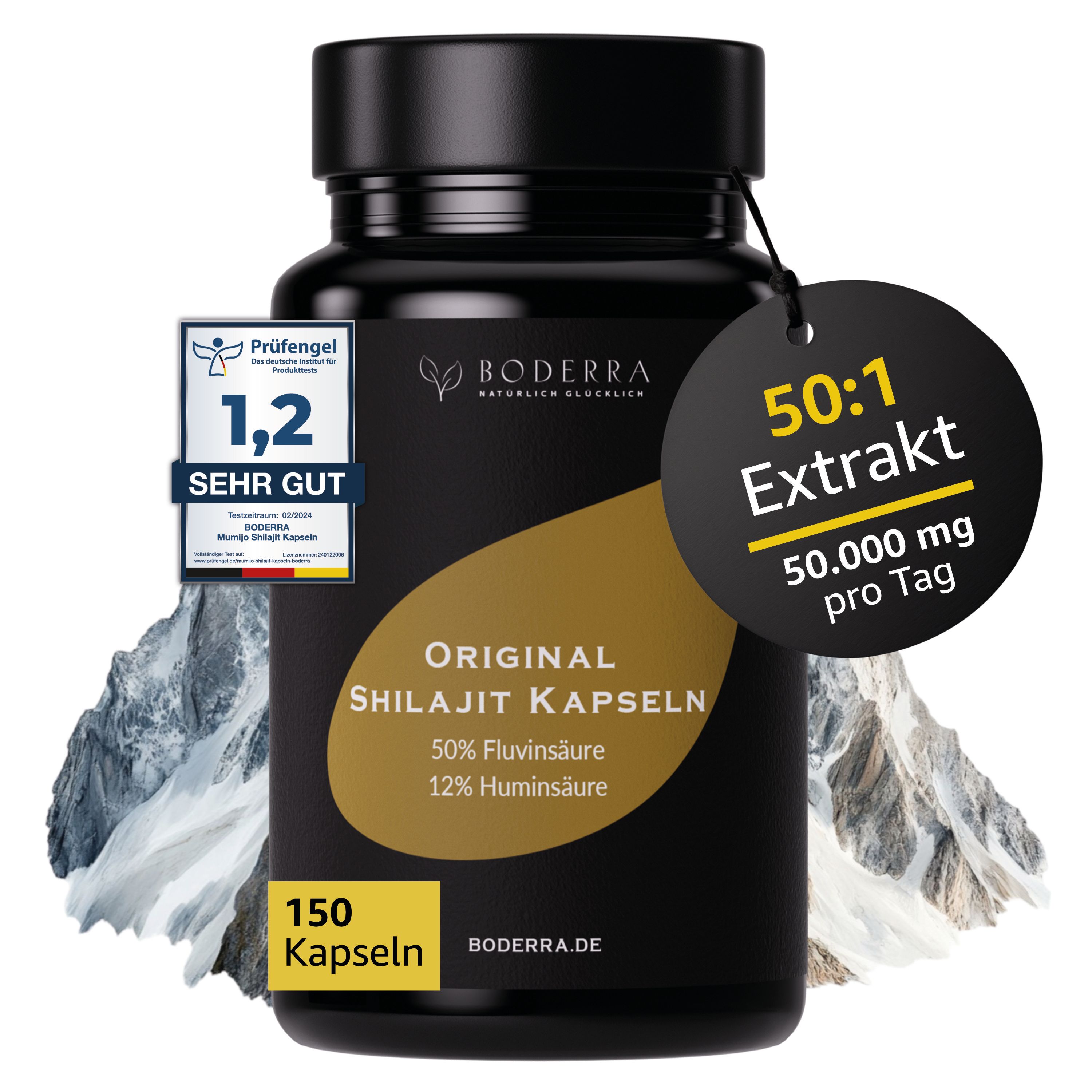 Schwarze Flasche mit Kapseln. Label mit 'Original Shilajit Kapseln', 50% Fulvin- & 12% Huminsäure. Siegel 'Sehr Gut'.