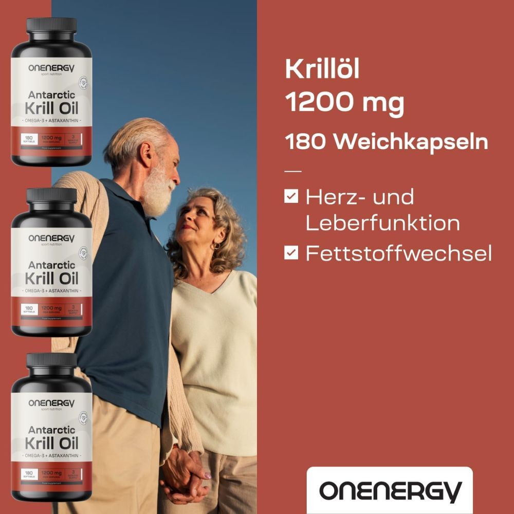 Flasche mit Kapseln. Text: Krillöl 1200 mg, 180 Weichkapseln. Herz- und Leberfunktion, Fettstoffwechsel. Beste Qualität.