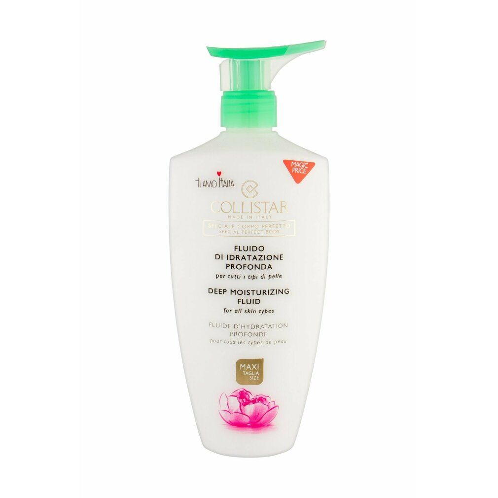 Weiße Flasche mit grünem Pumpkopf. Text: Collistar, Fluido di Idratatione Profonda, Deep Moisturizing Fluid. Aufkleber.