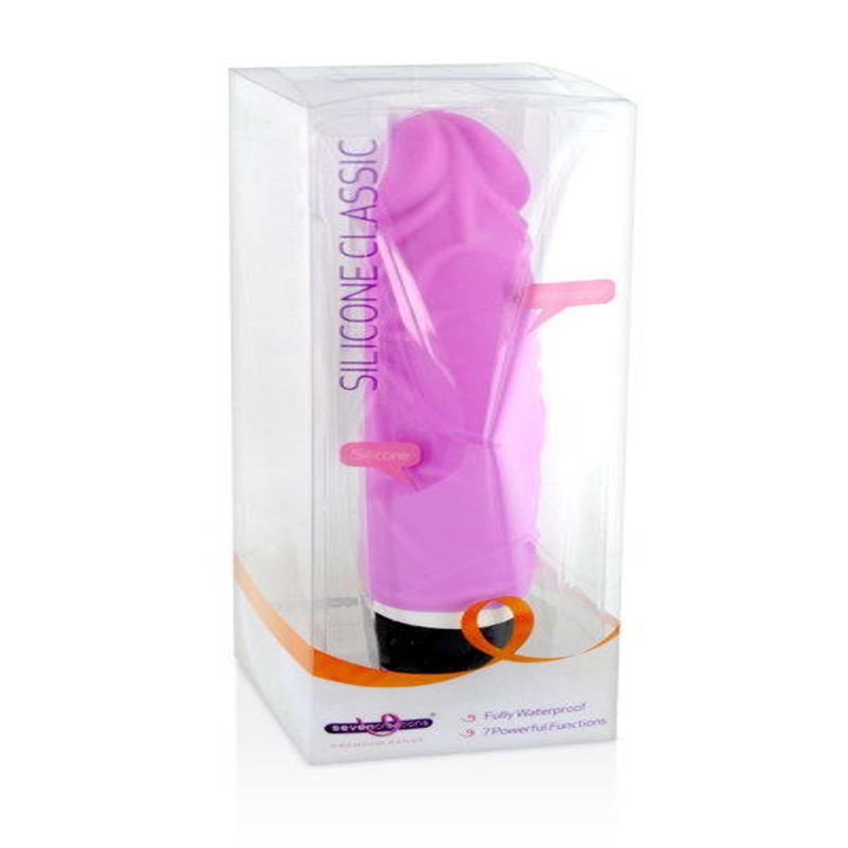Rosa Vibrator in transparenter Verpackung. Aufschrift: SILICONE CLASSIC.