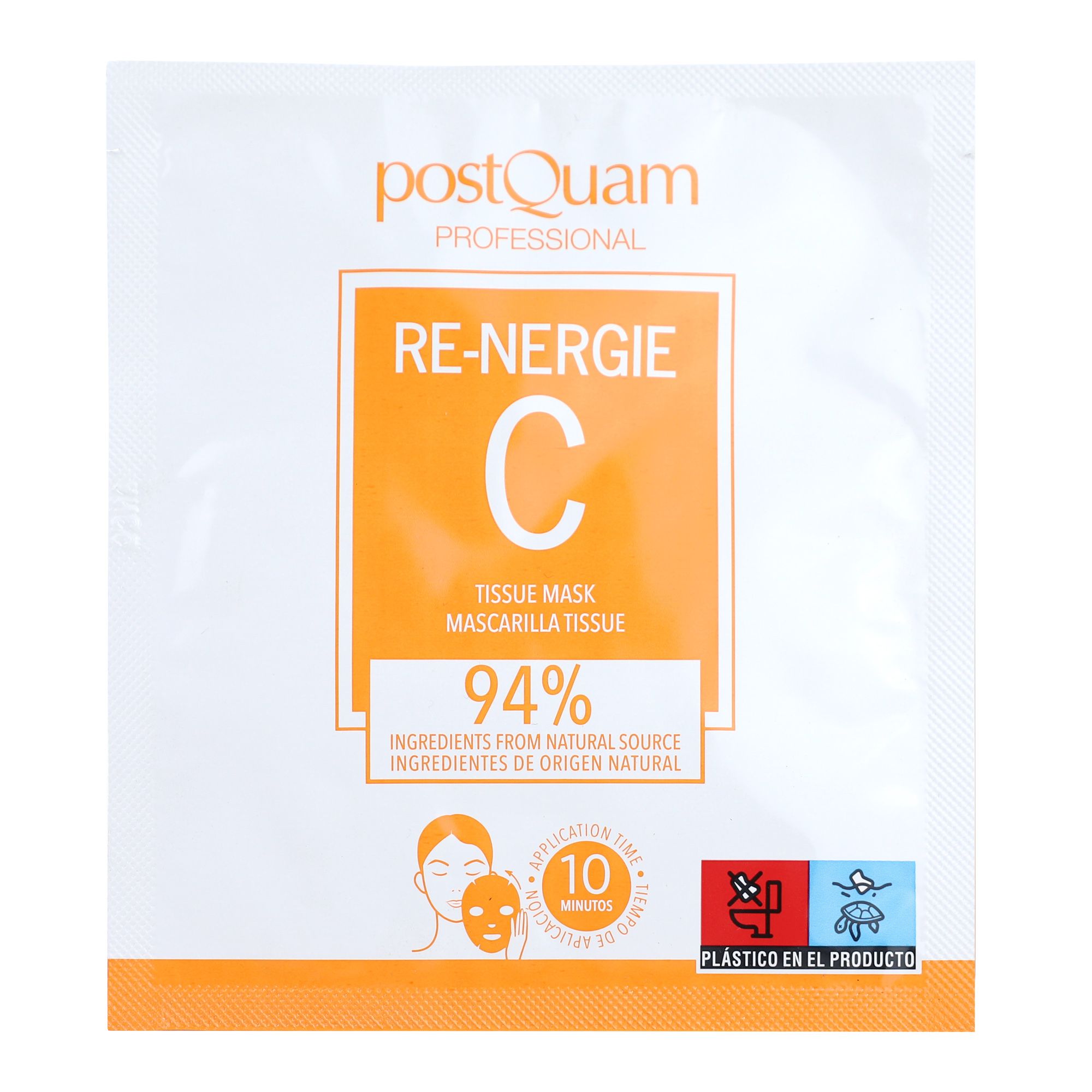 Verpackung der Gesichtsmaske. Orangefarbener Hintergrund, Text: PostQuam, Re-Nergie C, 94% Inhaltsstoffe. Anwendungshinweis.
