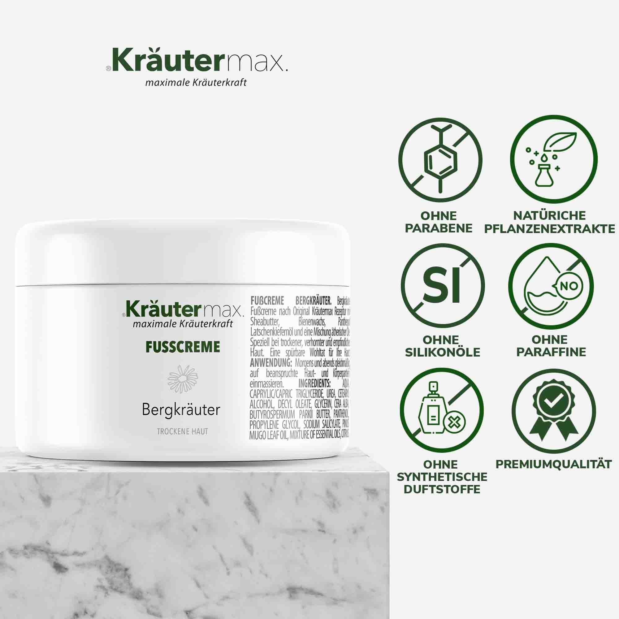 Weiße Dose Kräutermax Fußcreme Bergkräuter. Icons: Ohne Parabene, Silikone, Paraffine, synthetische Duftstoffe. Premiumqualität.