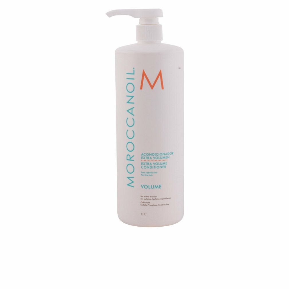 Weißer Conditioner-Behälter mit Pumpe. Text: Moroccanoil, Volume, Extra Volume Conditioner. Orangefarbenes Logo.