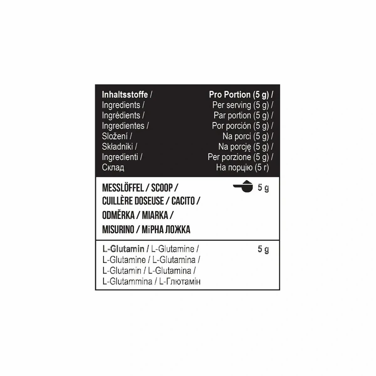 Nahaufnahme der Inhaltsstofftabelle. Enthält Informationen zu Inhaltsstoffen und Dosierung. 5g.