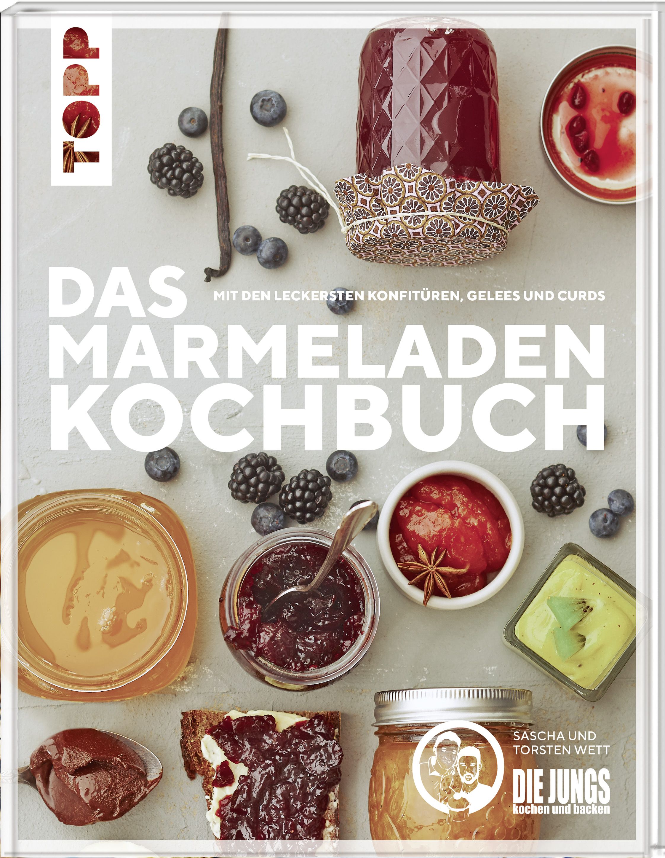 Kochbuch mit dem Titel "Das Marmeladen-Kochbuch". Auf dem Cover sind Marmeladen, Früchte und Gläser abgebildet.
