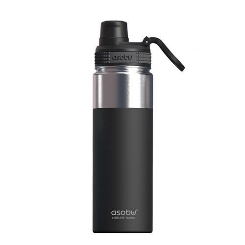 Asobu Alpine Trinkflasche, schwarz. Edelstahl und Kunststoff. Schwarzer Deckel mit Trageschlaufe. Silberner Mittelteil. Marke sichtbar.