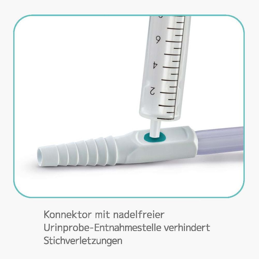 Konnector mit nadelfreier Urinprobe-Entnahmestelle. Text: Konnektor mit nadelfreier Urinprobe-Entnahmestelle verhindert Stichverletzungen.