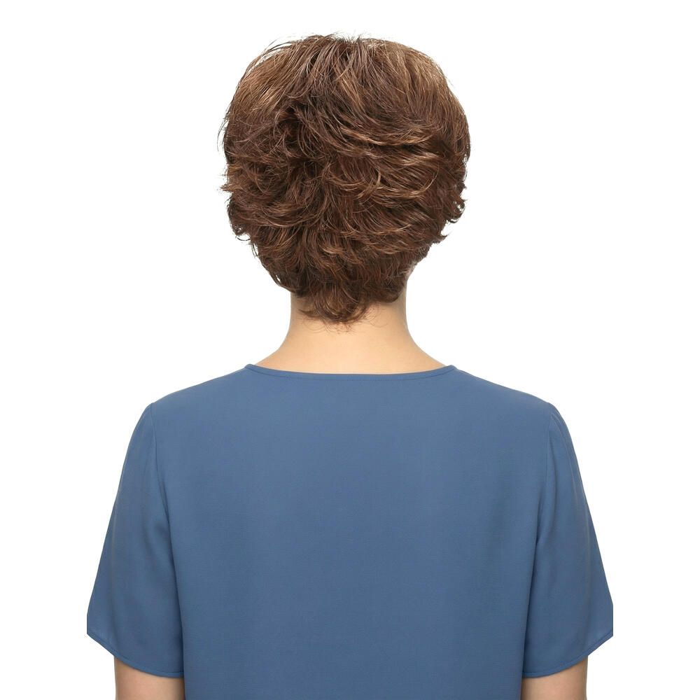 Kurzhaarperücke, braun, gewellt, mit Pony. Rückansicht.