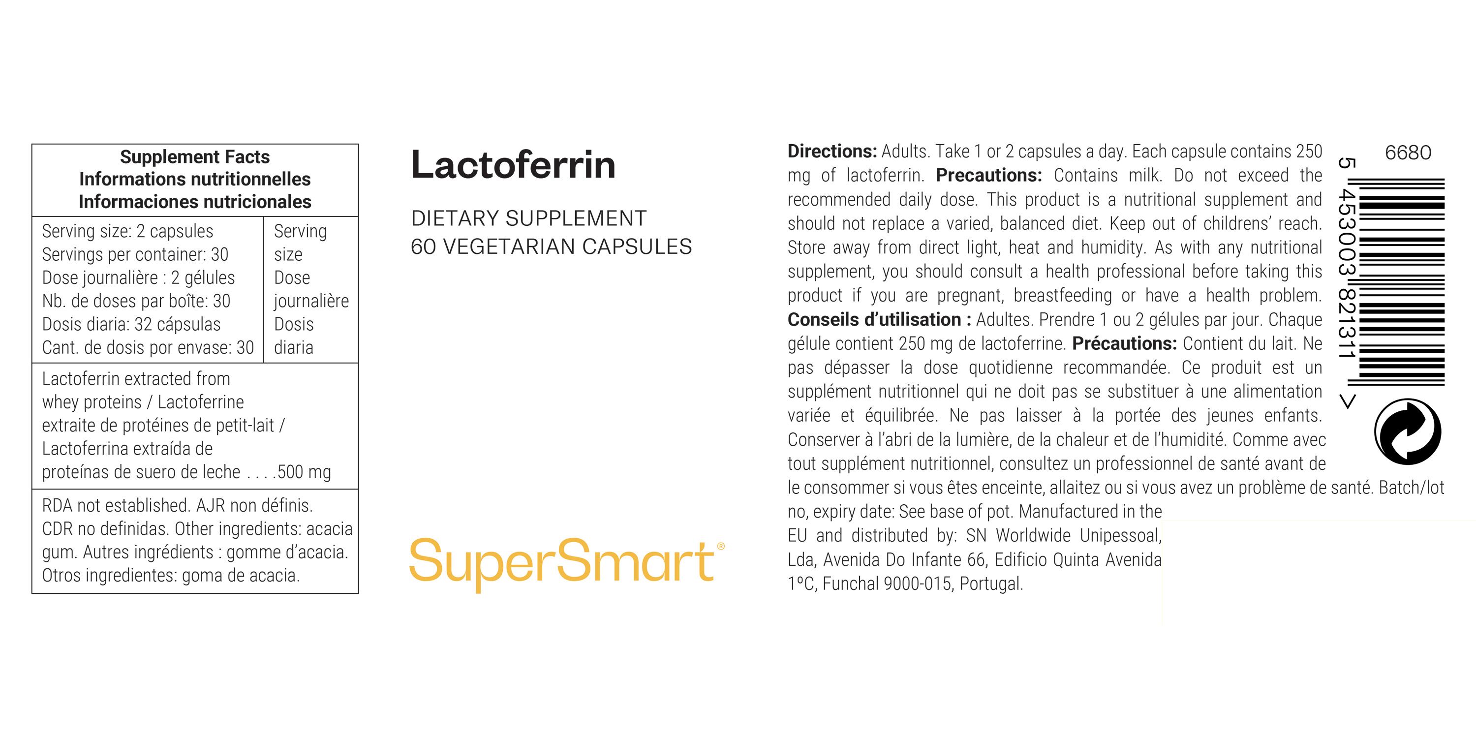 Etikett Lactoferrin. Enthält Informationen zu Inhaltsstoffen, Dosierung und Hersteller. SuperSmart-Logo.