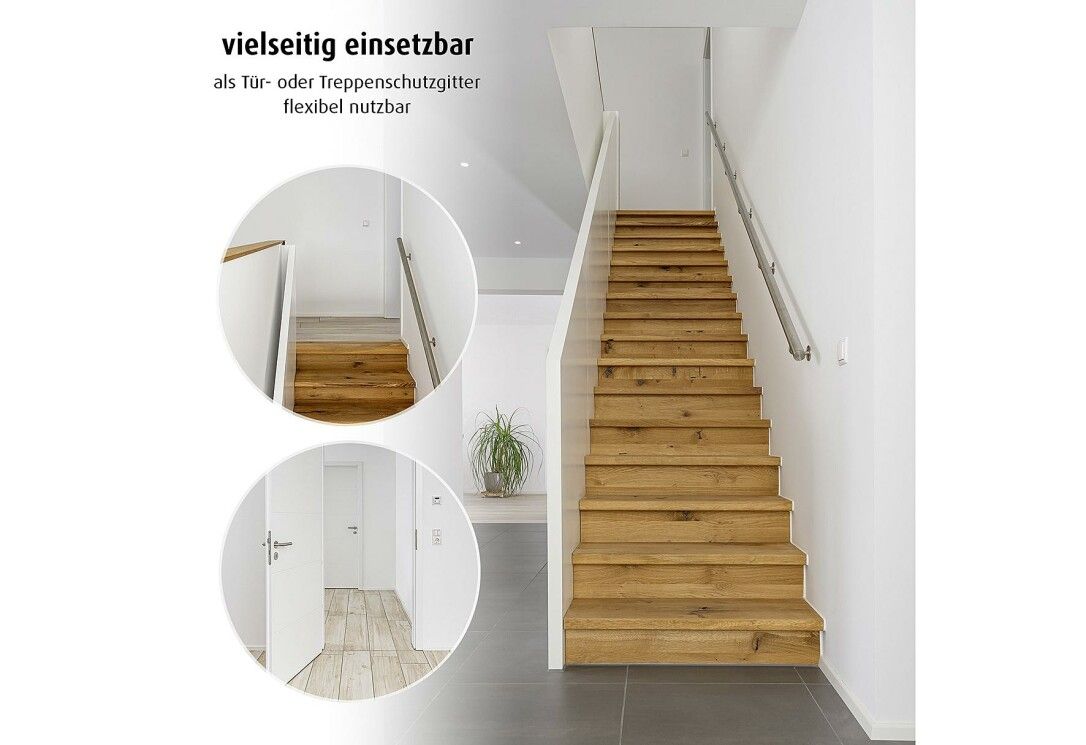Treppenschutzgitter in einem Wohnraum. Flexibel einsetzbar als Tür- oder Treppenschutzgitter.