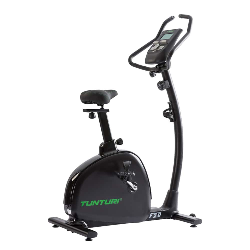 Schwarzer Heimtrainer mit grünem Logo. Der Heimtrainer hat einen Sitz, Lenker und ein Display. Das Modell F20 ist sichtbar.