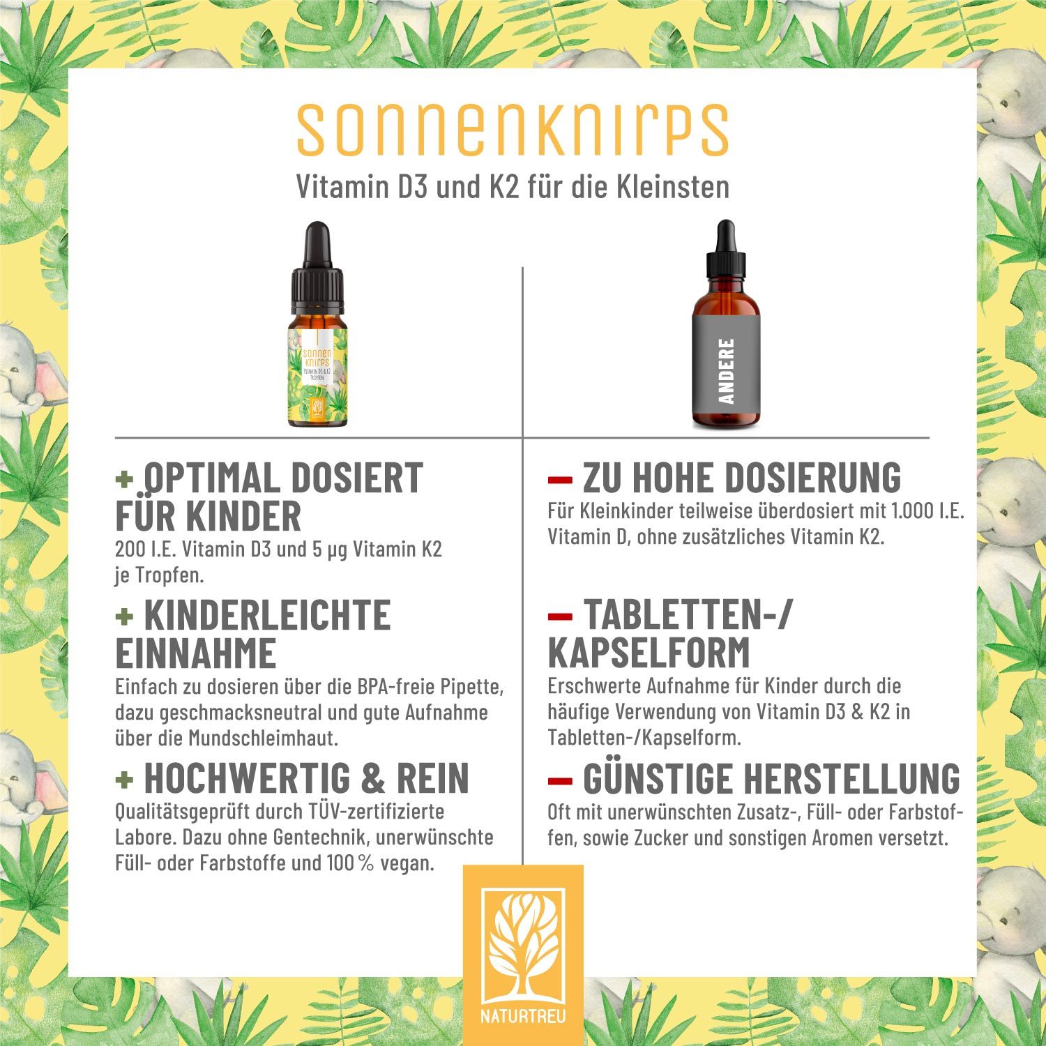 Vitamin D3 & K2 Tropfen für Kinder ab 1 - Sonnenknirps - NATURTREU®