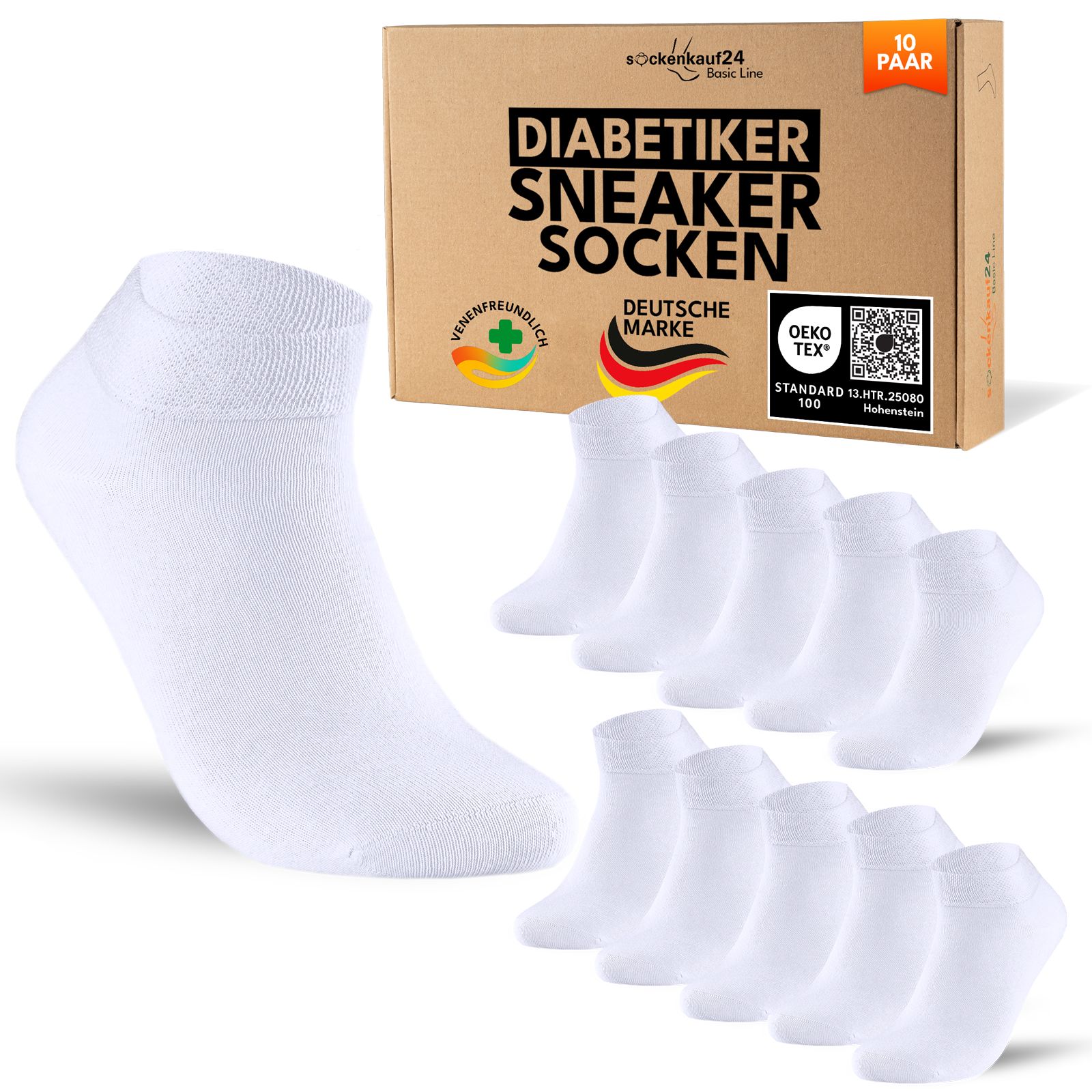 Diabetiker Sneaker Socken mit Komfortbund ohne Gummi & Naht für Damen und Herren 10 Pk