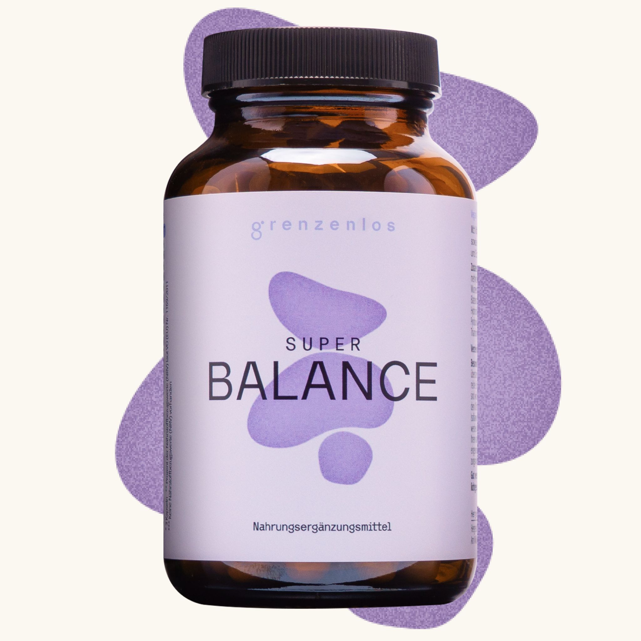 Flasche des Nahrungsergänzungsmittels Super Balance mit lila Designelementen.