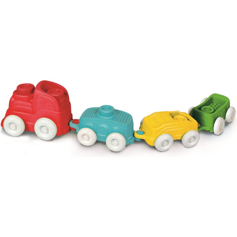 Clemmy Sensory Train Spielzeugzug mit roter Lokomotive, blauen, gelben und grünen Waggons. Weiße Räder. Verbunden.