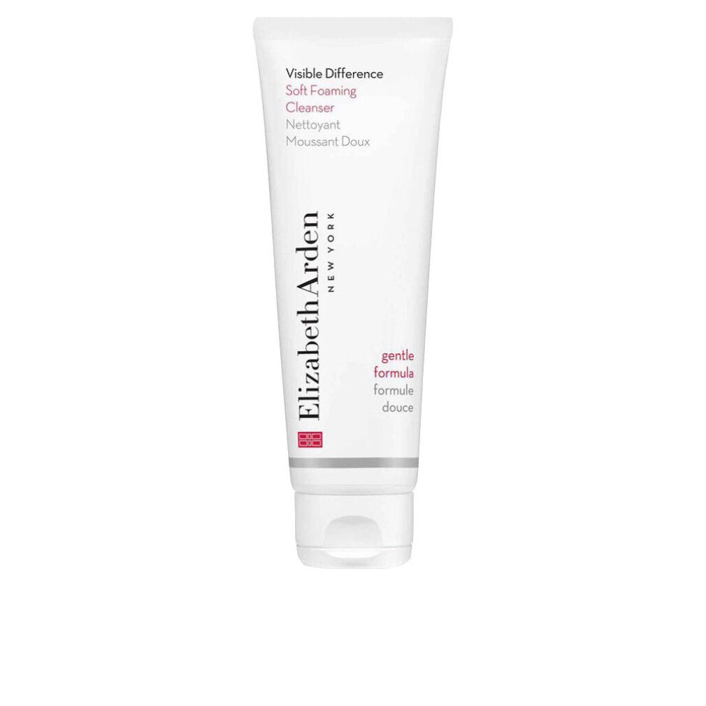 Weiße Tube mit roter und schwarzer Schrift. Elizabeth Arden New York, Visible Difference Soft Foaming Cleanser.