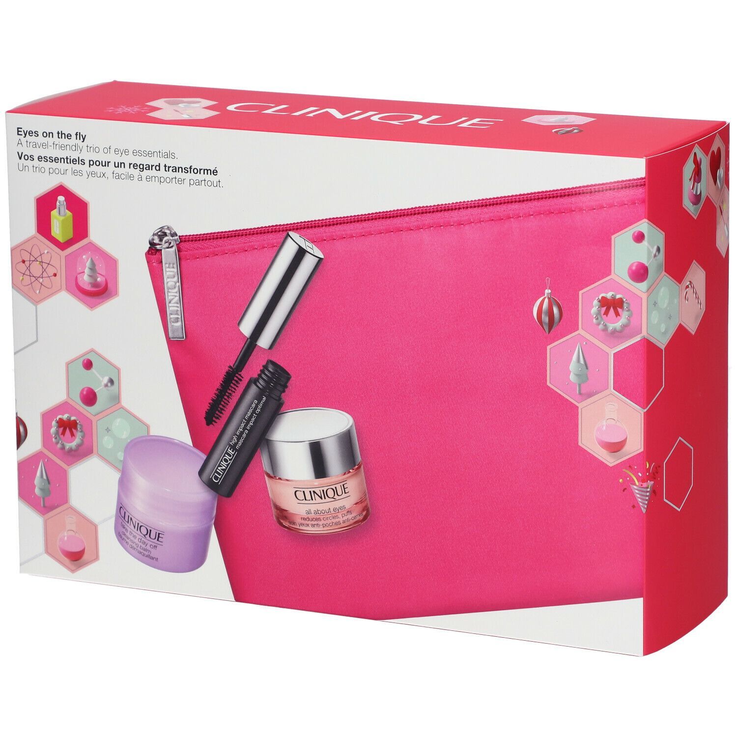 Coffret cadeau CLINIQUE Eyes on the fly. Trousse rose avec mascara, crème pour les yeux et soin des yeux. Emballage avec logo et texte.