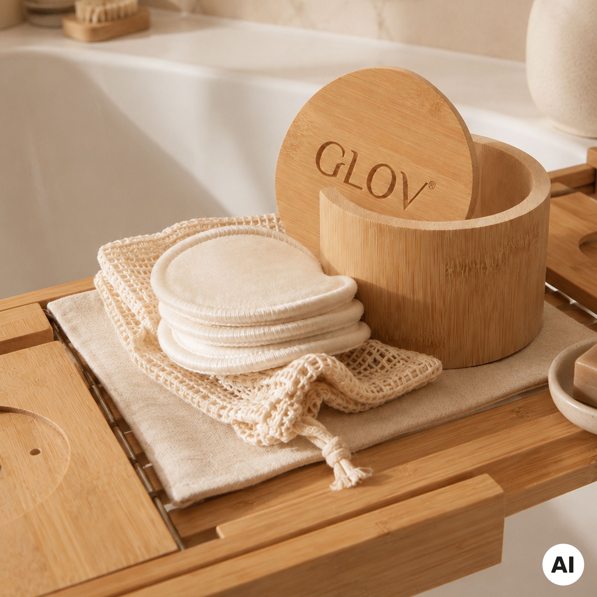 Wiederverwendbare Bambus-Pads in einem Holzständer auf einem Badewannenbrett.