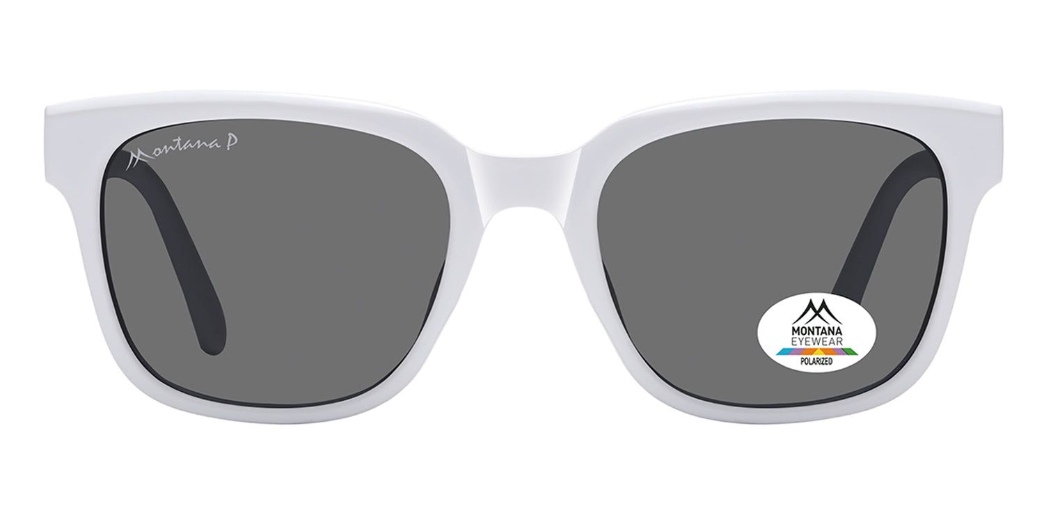 Weiße Sonnenbrille mit grauen Gläsern. Auf dem rechten Glas befindet sich ein Aufkleber mit Logo. Der Rahmen trägt den Schriftzug Montana.